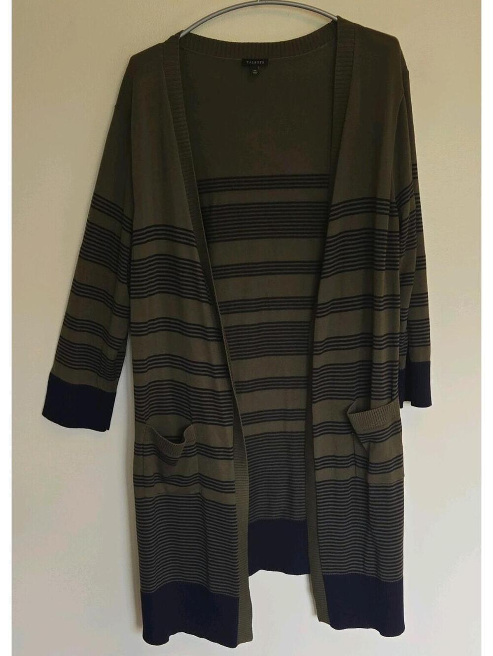 Talbots 100% Pima Cotton Striped Open Front Cardigan Sweater Green Duster Sz XL